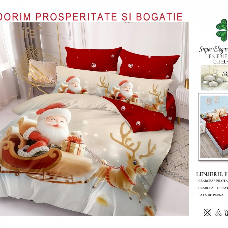 Lenjerii de pat finet gros 6 piese model craciun cu elastic COD CRH06