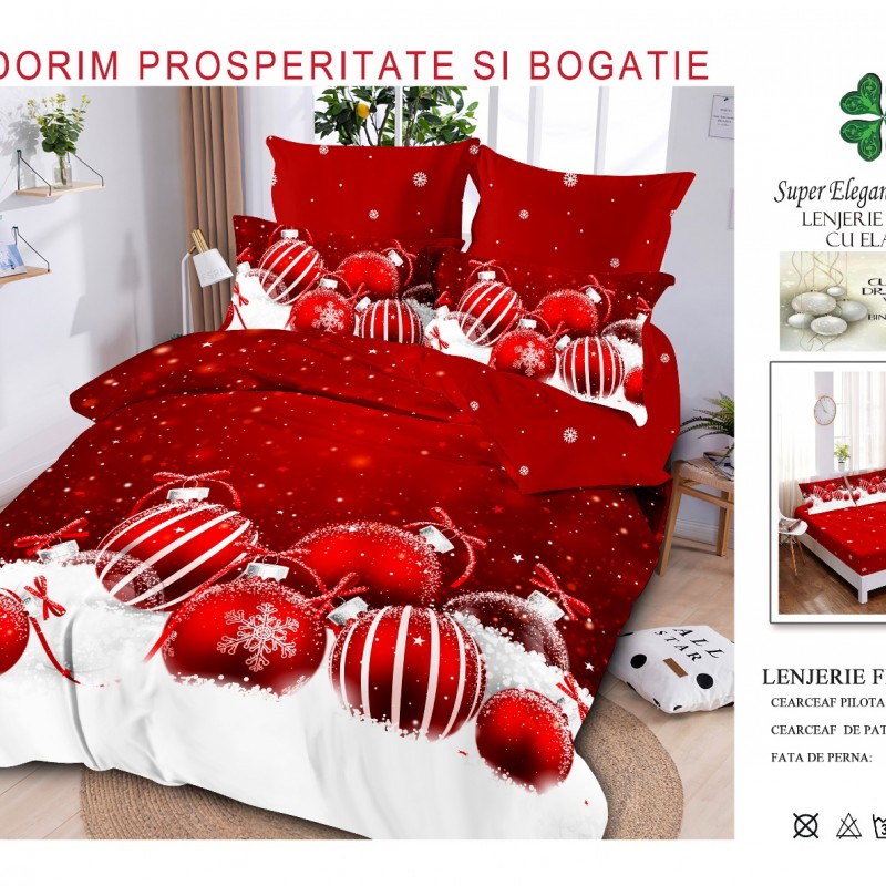 Lenjerii de pat finet gros 6 piese model craciun cu elastic COD CRH09