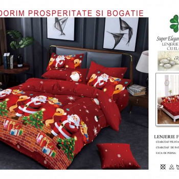 Lenjerii de pat finet gros 6 piese model craciun cu elastic COD CRH10