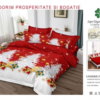Lenjerii de pat finet gros 6 piese model craciun cu elastic COD CRH16